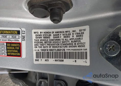 2007 Honda Civic Ex из США, поврежденный, VIN 1HGFA16827L068126